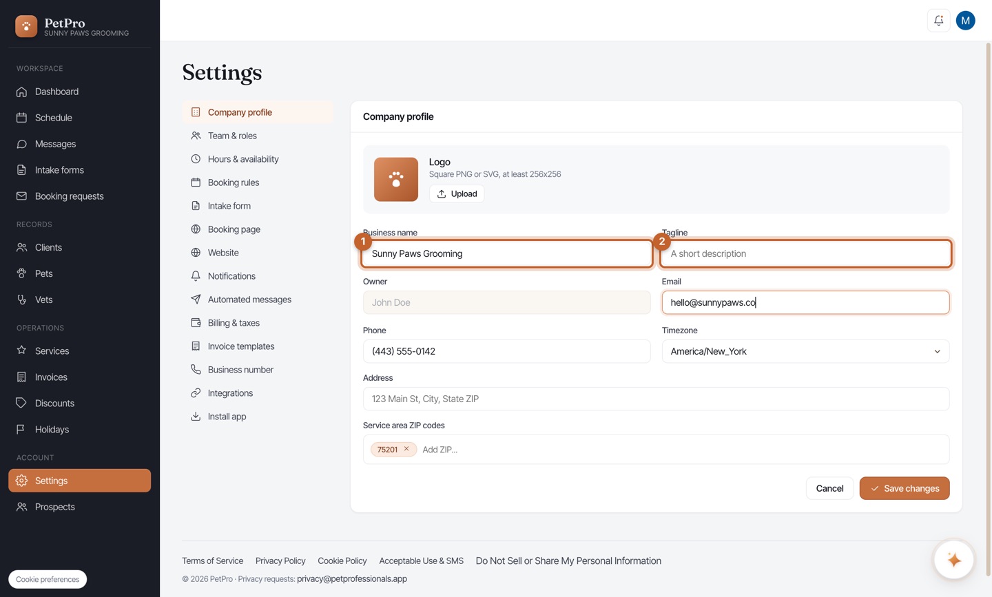 Get started: set up your business — step 2