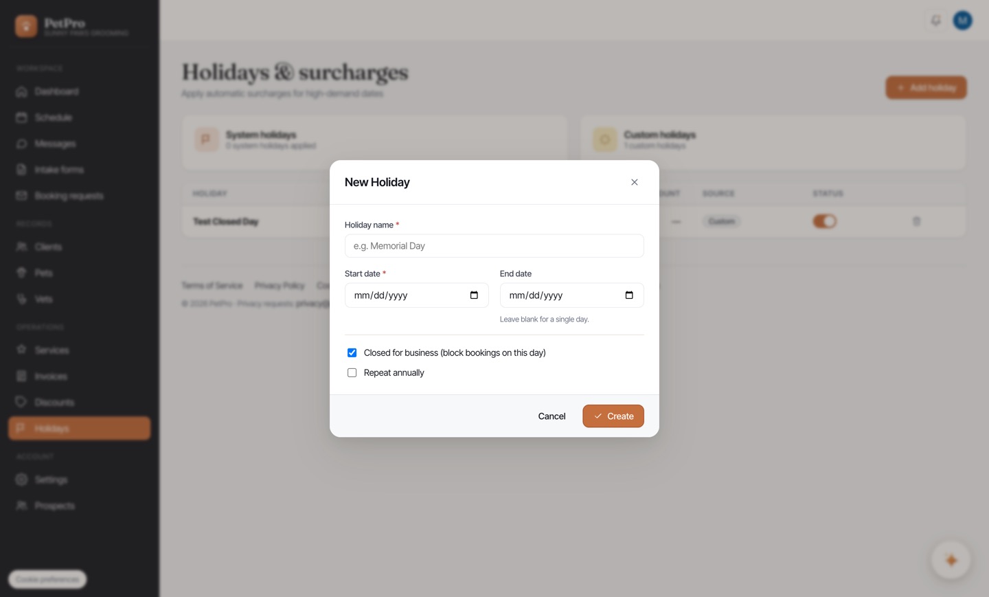 Days off & holiday surcharges — step 2
