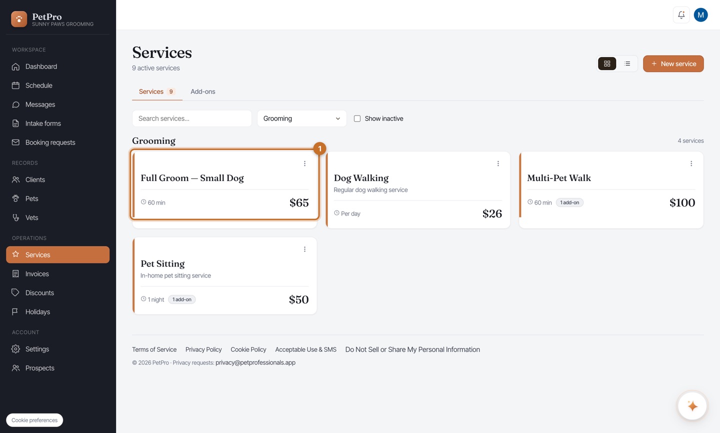 Set up any service type — result
