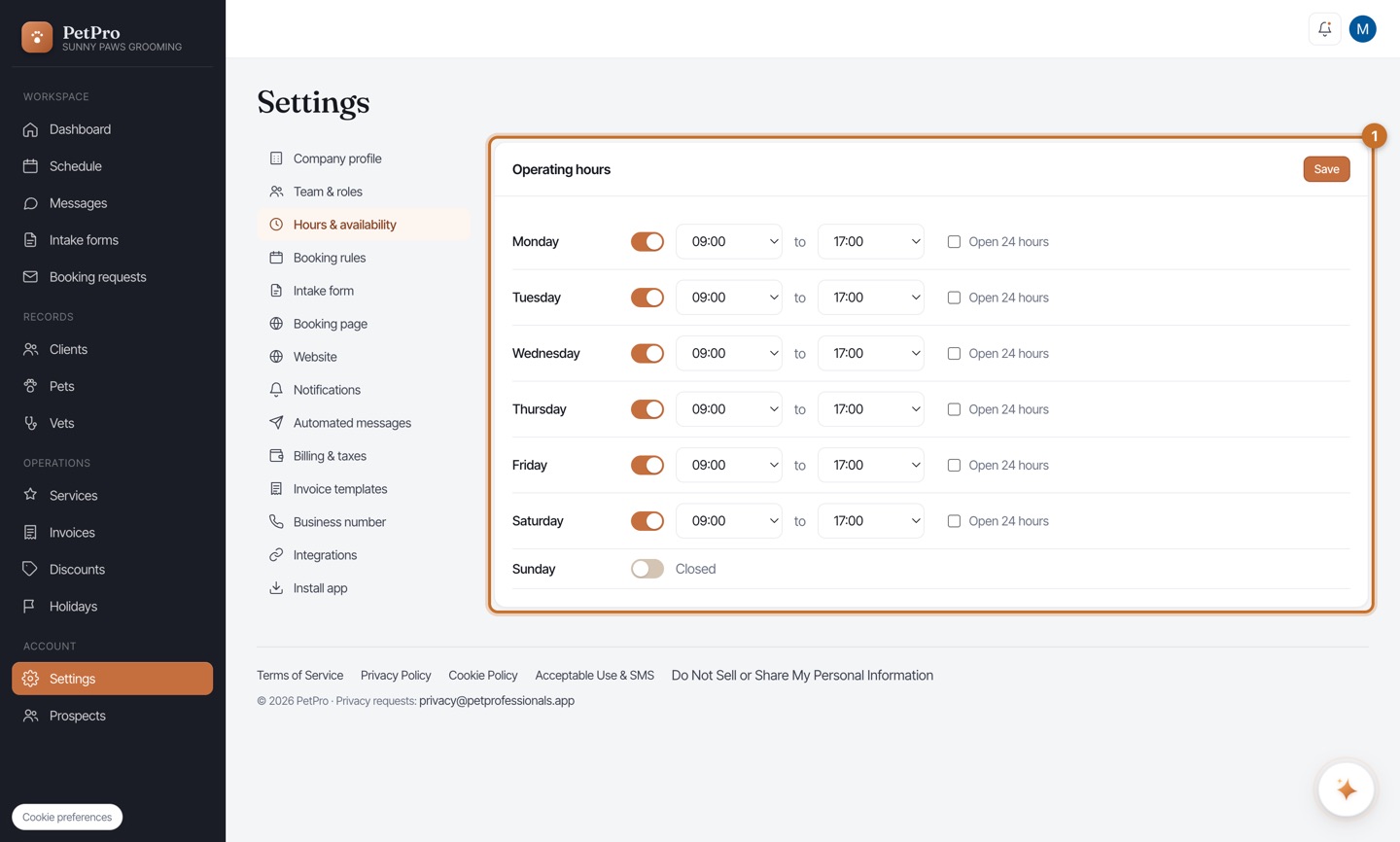 Set your business hours & booking rules — step 1