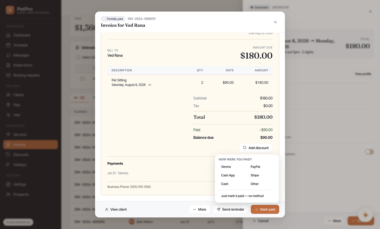 Record a deposit or part-payment — result