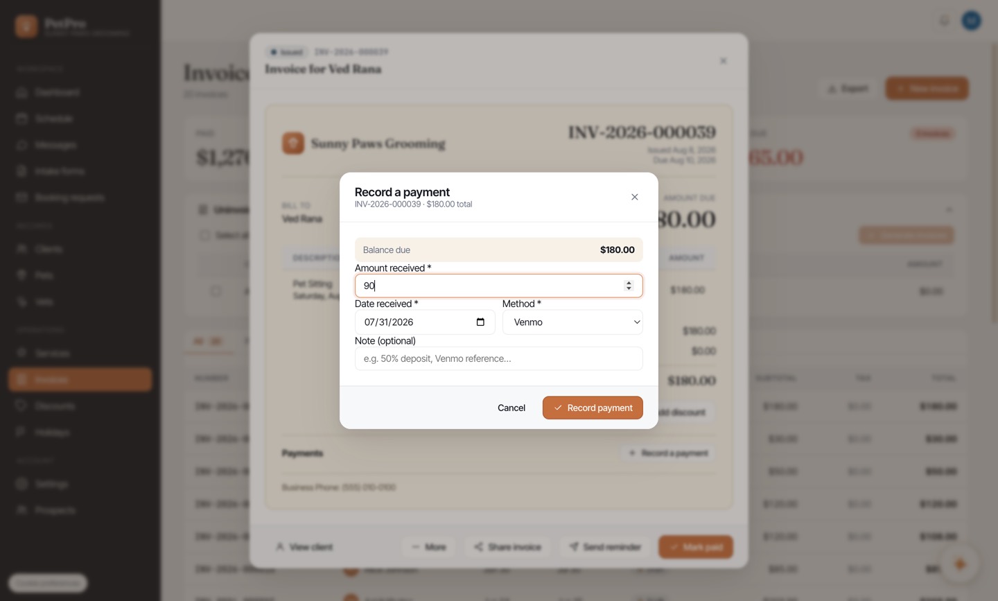 Record a deposit or part-payment — step 2