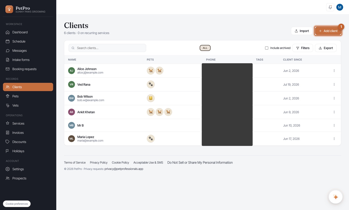 Add a client and their pets — step 1