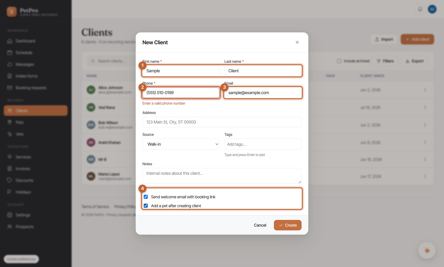Add a client and their pets — step 2