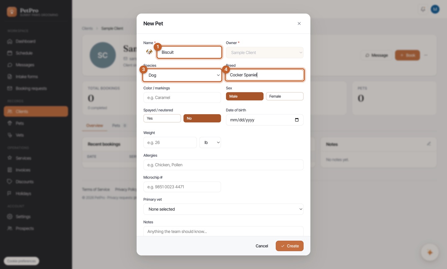 Add a client and their pets — step 3
