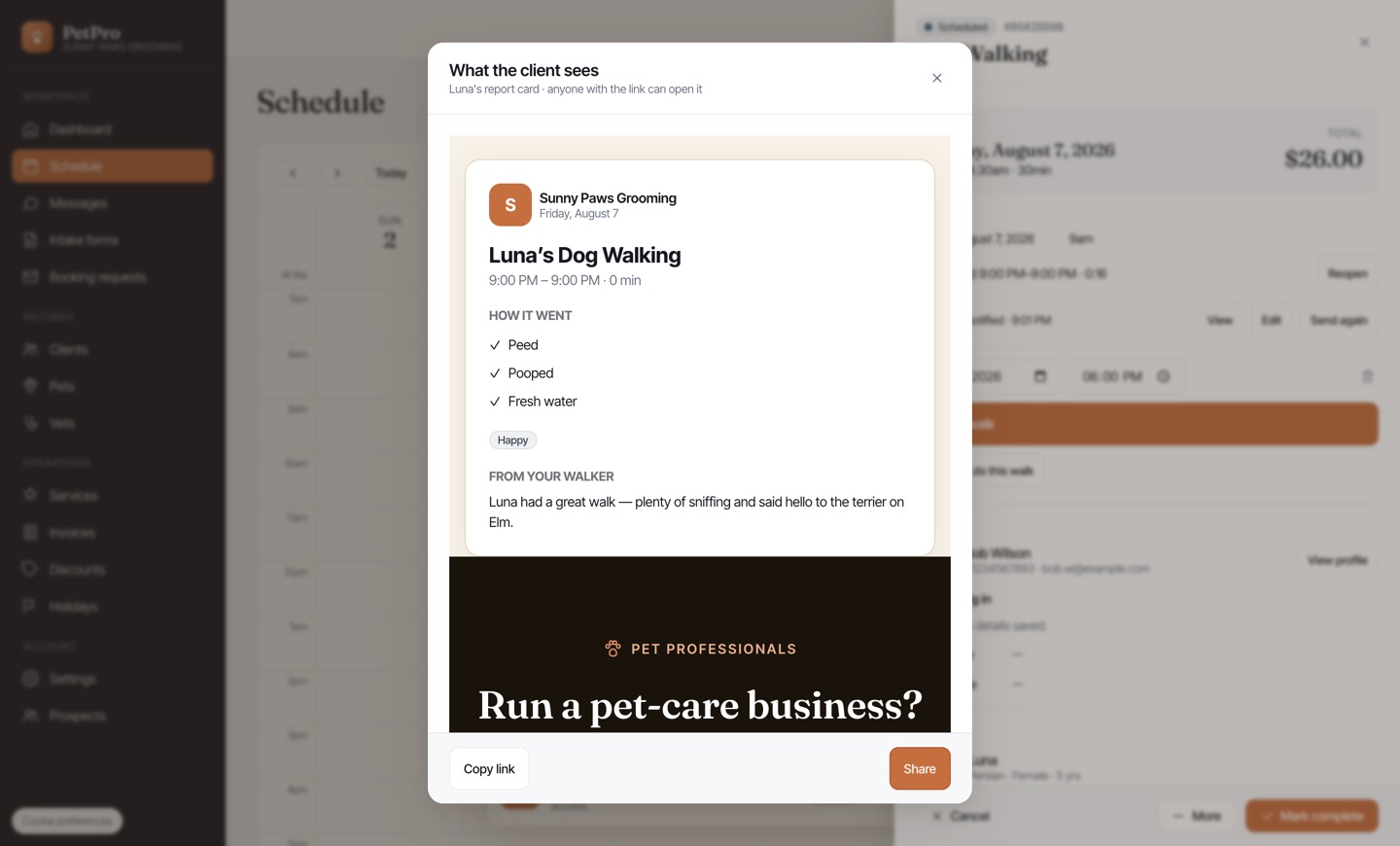 Walk a dog: start, track, and send a report card — result